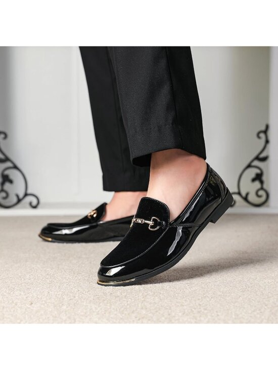 Men\'s Black Rubber Velvet Patent Leather Loafer Gold Buckle Slip On Luxury Shoes main image 7